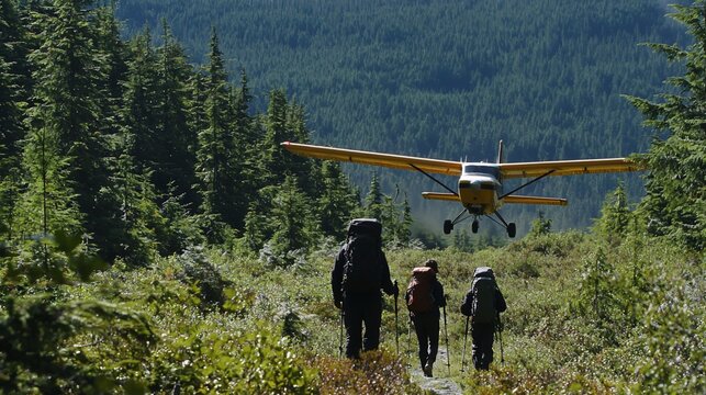 Bush Plane Landing Near Hikers in Alaskan Wilderness