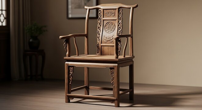 Ornate Antique Wooden Armchair Standing in Warm Minimal Interior