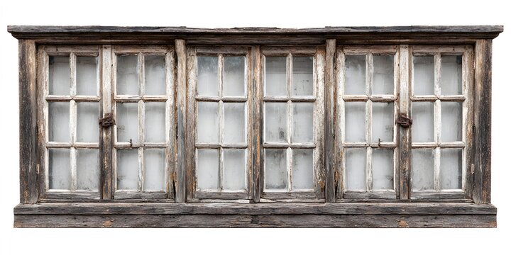 Vintage weathered wooden window frames arranged side by side against a white background.