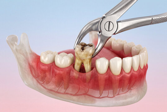 Dental Extraction Forceps Removing Decayed Molar on Anatomical Jaw Model for Clinical Education