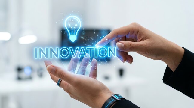 Person interacting with a glowing digital innovation lightbulb hologram for business growth and advanced technology development concepts