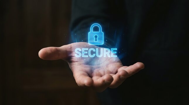 Digital Security Concept with Glowing Hologram Padlock and Secure Text Over Open Hand