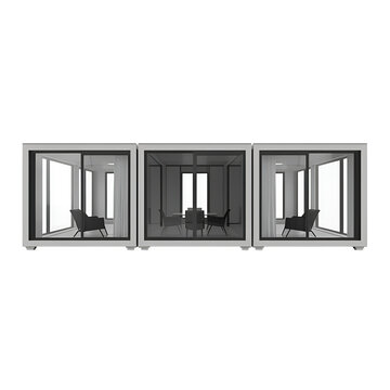 Three minimalist glass modular office pods on a gray background