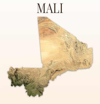 Mali Shaded Relief Map. Hillshaded physical terrain map illustration. Light background with title. Illustration elements derived from NASA Imagery and NASADEM Global Elevation Model.