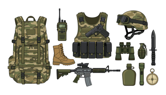 Military army tactical gear and equipment set with camo backpack vest helmet rifle pistol boots grenade and knife vector