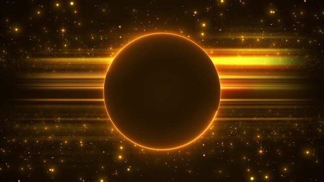 Golden eclipse sphere glows against horizontal light streaks and sparkling particles, creating a stellar gateway for astronomy, space, science, luxury intros, logo reveals and cinematic visual scenes.