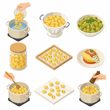 Isometric vector collection showing shell pasta cooking stages including boiling in a pot, draining in a colander, storage in a jar, and final dishes with pesto and tomato sauce.