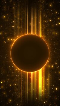 Dark circular orb with a radiant amber rim floats before bright horizon beams and starry dust, forming a bold solar eclipse scene for energy, universe, mystery, 19 and premium title sequences.