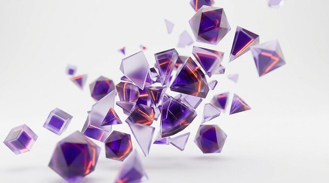 Abstract 3D render of purple crystal shards and geometric glass fragments exploding and floating against a clean white background.