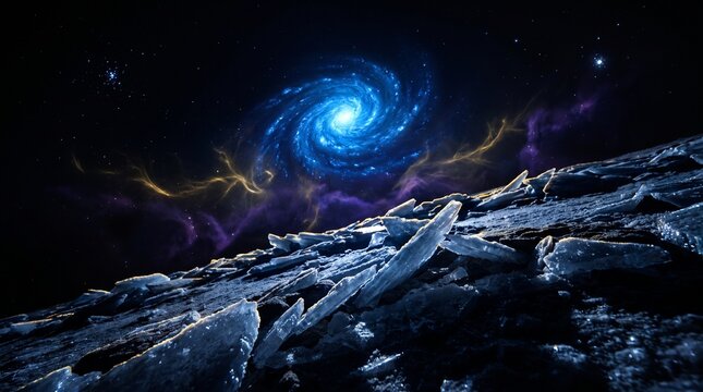 An immersive, ground-level perspective that places the viewer within a field of space debris, emphasizing the gargantuan scale of the galaxy looming above.