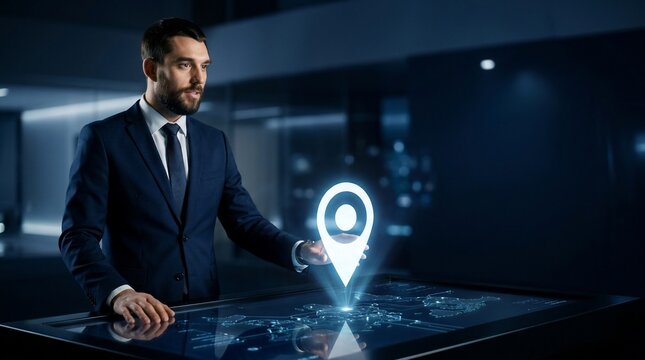 Businessman Presenting Digital Location Map on Interactive Table