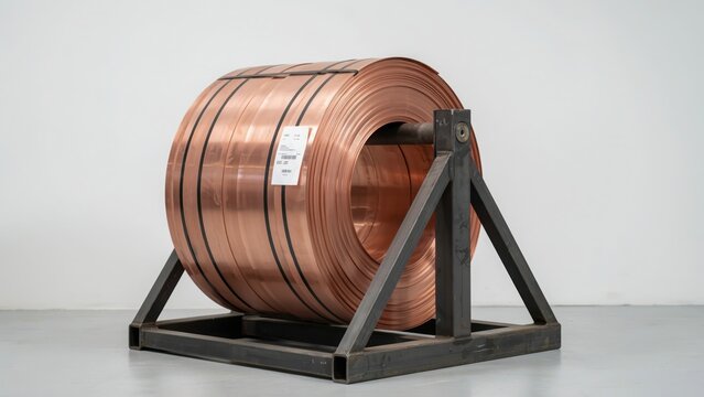 Large copper coil roll on a heavy metal industrial stand
