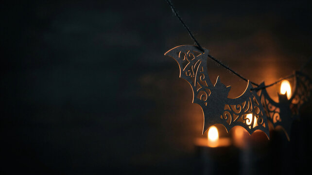 Paper bat garland hanging in front of glowing candles. Halloween party decoration with dark moody lighting. Festive celebration background with copy space for seasonal greeting card.