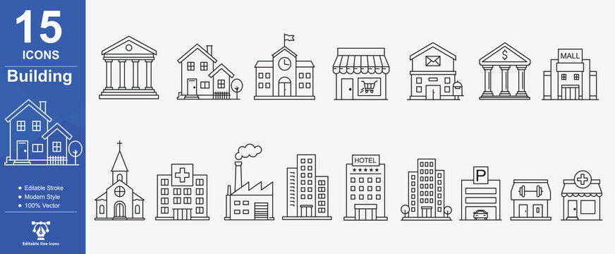 Building web icons in line style, Apartments, hotels, hospitals, towns, cities, malls, coffee shops, and collections. stroke that can be edited. vector drawing.