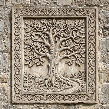 stone decorative plaque featuring a relief carving of a tree with decorative border