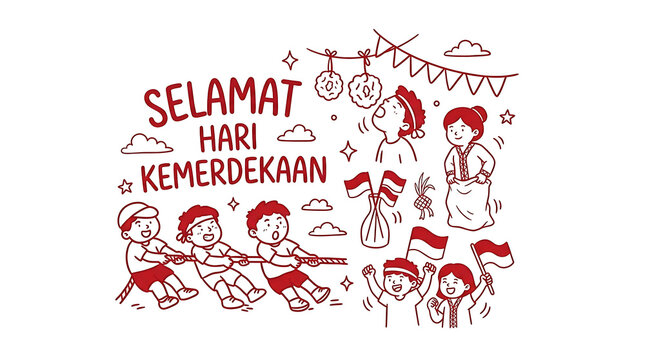 Indonesian Independence Day children celebration with traditional games and lomba agustusan in a charming red doodle illustration
