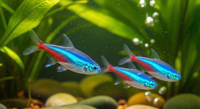 Neon tetra fish swimming in planted freshwater aquarium