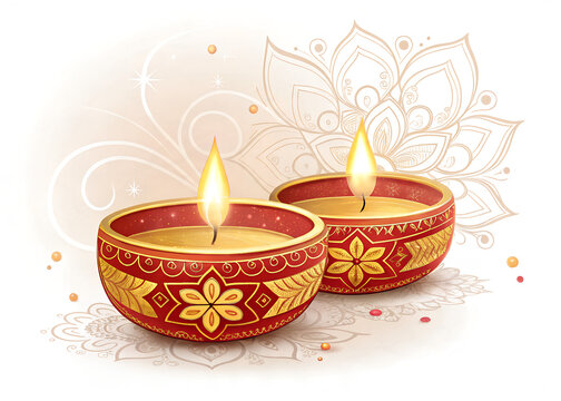 Two PNG Diya diwali candles isolated on white background	