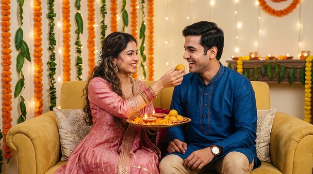 Happy indian couple celebrating festival, sharing traditional sweets