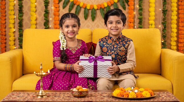 Happy indian siblings holding a gift box during festive celebration at home