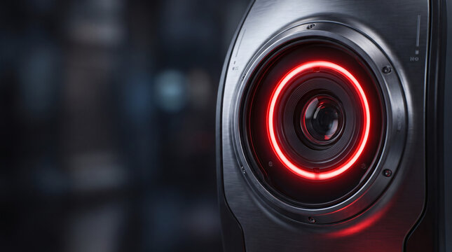 Close up of a futuristic high tech camera lens with red light ring