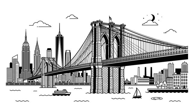 brooklyn bridge vector skyline cityscape line art illustration of famous american metropolis featuring detailed suspension cables and downtown skyscrapers for travel graphic design