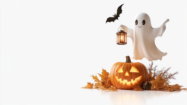 Spooky Halloween Scene: A whimsical ghost holding a lantern floats beside a jack-o'-lantern and a bat, surrounded by autumn leaves, creating a charming and festive Halloween atmosphere.