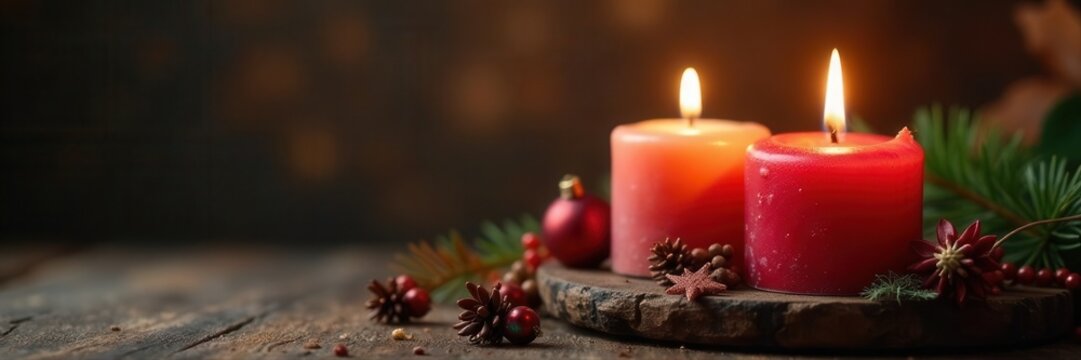 Close-up of three burning candles, rustic Xmas backdrop with ample copy space , fire, Christmas