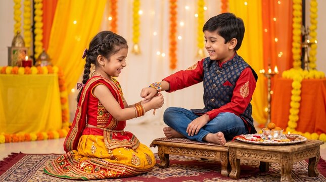 Young indian sister tying rakhi on brothers wrist for raksha bandhan