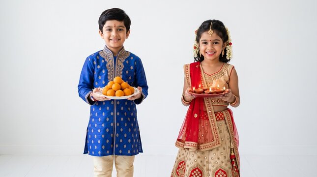 Indian children holding sweets and diyas, celebrating festival, isolated on white background