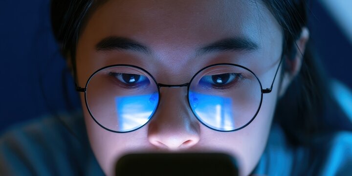 Asian woman using smartphone at night. Young person looking at screen with blue light reflection.
