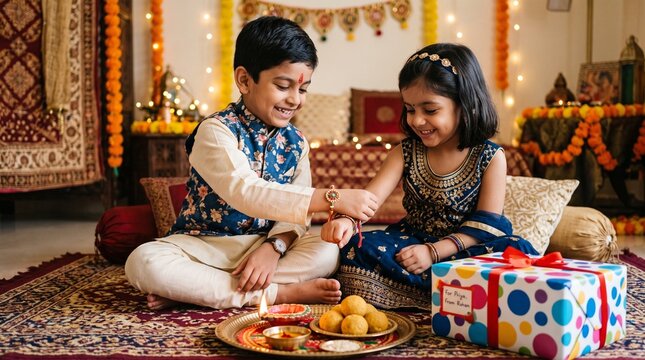 Happy indian siblings celebrating raksha bandhan with rakhi and gifts