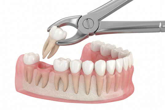 Dental Extraction Procedure with Forceps on Lower Jaw Model