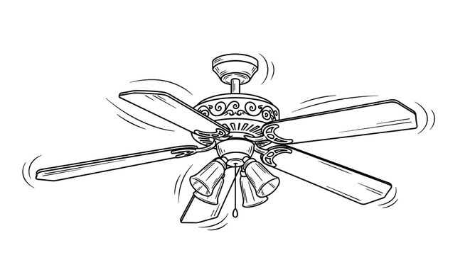 ceiling fan vector spinning outline drawing of electric room cooler with light fixtures rotating blades line art graphic design element for home interior climate control isolated