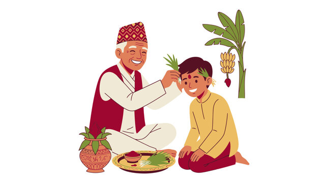 Elderly Man Blessing Young Boy for Dashain Festival in Nepal
