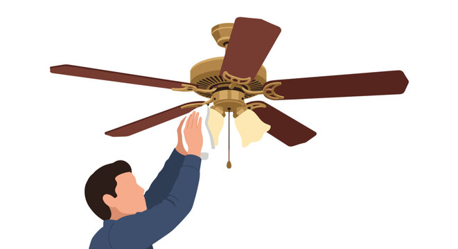 ceiling fan vector cleaning man illustration of male worker wiping dust from electric room cooler with cloth domestic chore home maintenance service graphic design flat character
