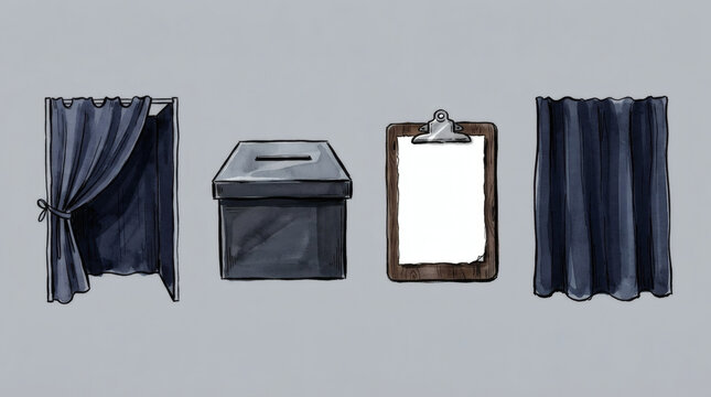 Set of hand drawn polling station secret voting booth elements. Doodle drawings of fabric curtains, ballot drop slits, clipboards, and hanging privacy drapes on background