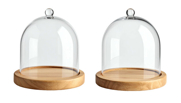 Two glass dome covers sit on round, light wooden bases