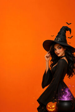 Modern witch with space for text on a vibrant orange background, elegant Halloween character with magic cauldron, carved pumpkin and bats, festive seasonal banner for Halloween promotions.
