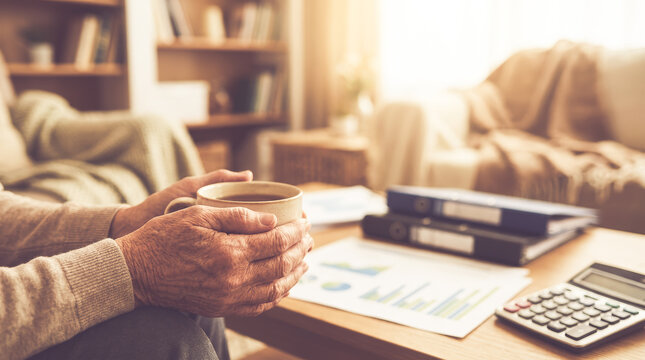 Close up of senior hands holding a coffee cup next to financial charts and a calculator representing retirement planning, personal finance management, and investment analysis.