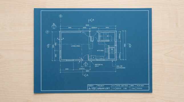 Blue house blueprint on light wooden table surface