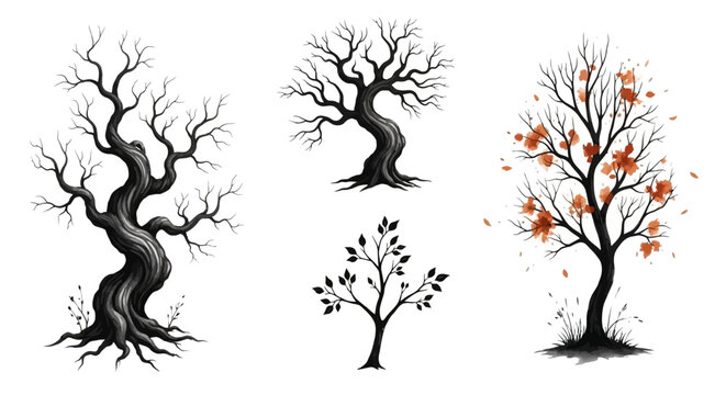 Gnarled spooky trees and autumn oak silhouettes for halloween
