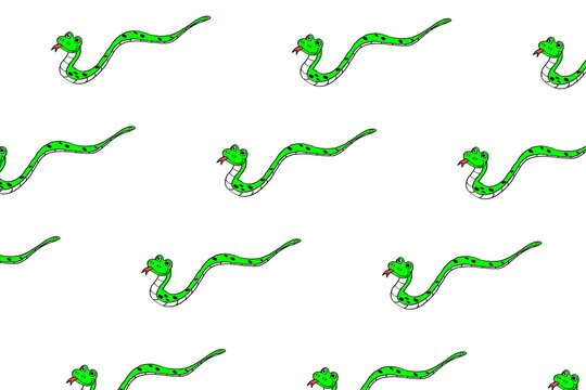 Seamless pattern of cute cartoon green snakes on white background