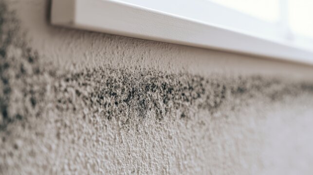 Black mold growing on a damp wall. Fungal spores spreading on a home interior surface.