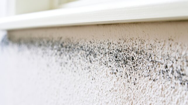 Black mold growing on a damp wall. Fungal growth on interior home surfaces near window.