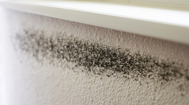 Black mold growing on a damp wall. Fungal spores and moisture damage on a home interior surface.