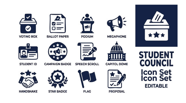 Student Council Election Icons Set Representing Voting Ballots Megaphone Campaign Proposal Handshake and Award With Editable Text and Star Graphics