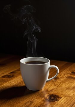 A simple white ceramic drinking vessel filled with a steaming hot dark liquid resting upon an unpolished wooden surface suggesting quiet domestic routine ,home ,usual ,typical