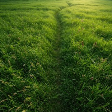 A winding path or track worn through a lush field of green grass and mixed wild plants, showing high usage and density ,vegetation ,countryside ,density
