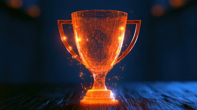 Glowing digital wireframe trophy. Orange 3D render of a championship cup for business success.